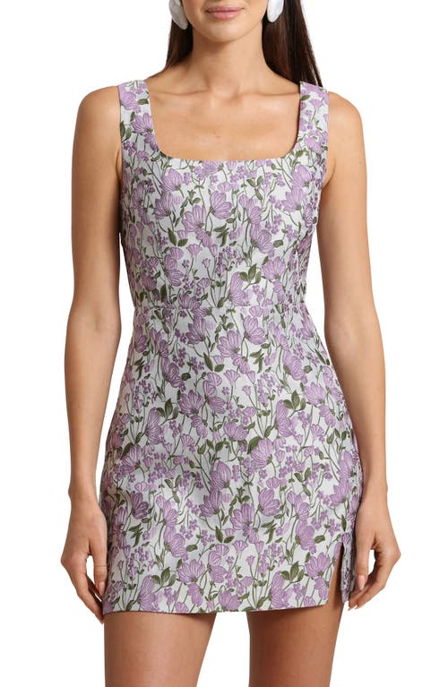 Shop Avec Les Filles Floral Square Neck Sleeveless Minidress In Ivory/lilac Floral