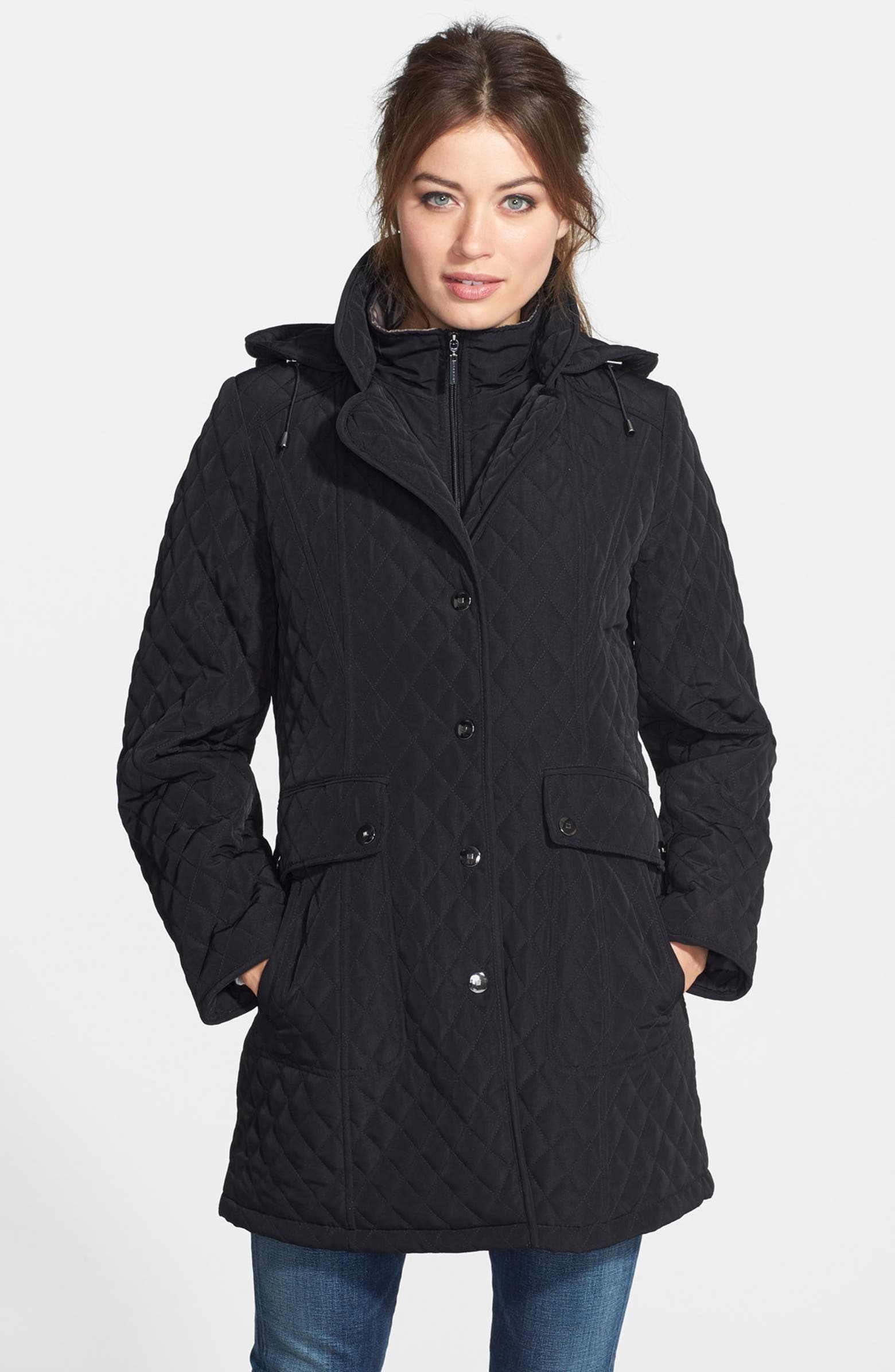 Gallery Hooded Snap Front Quilted Coat with Inset Bib (Online Only ...