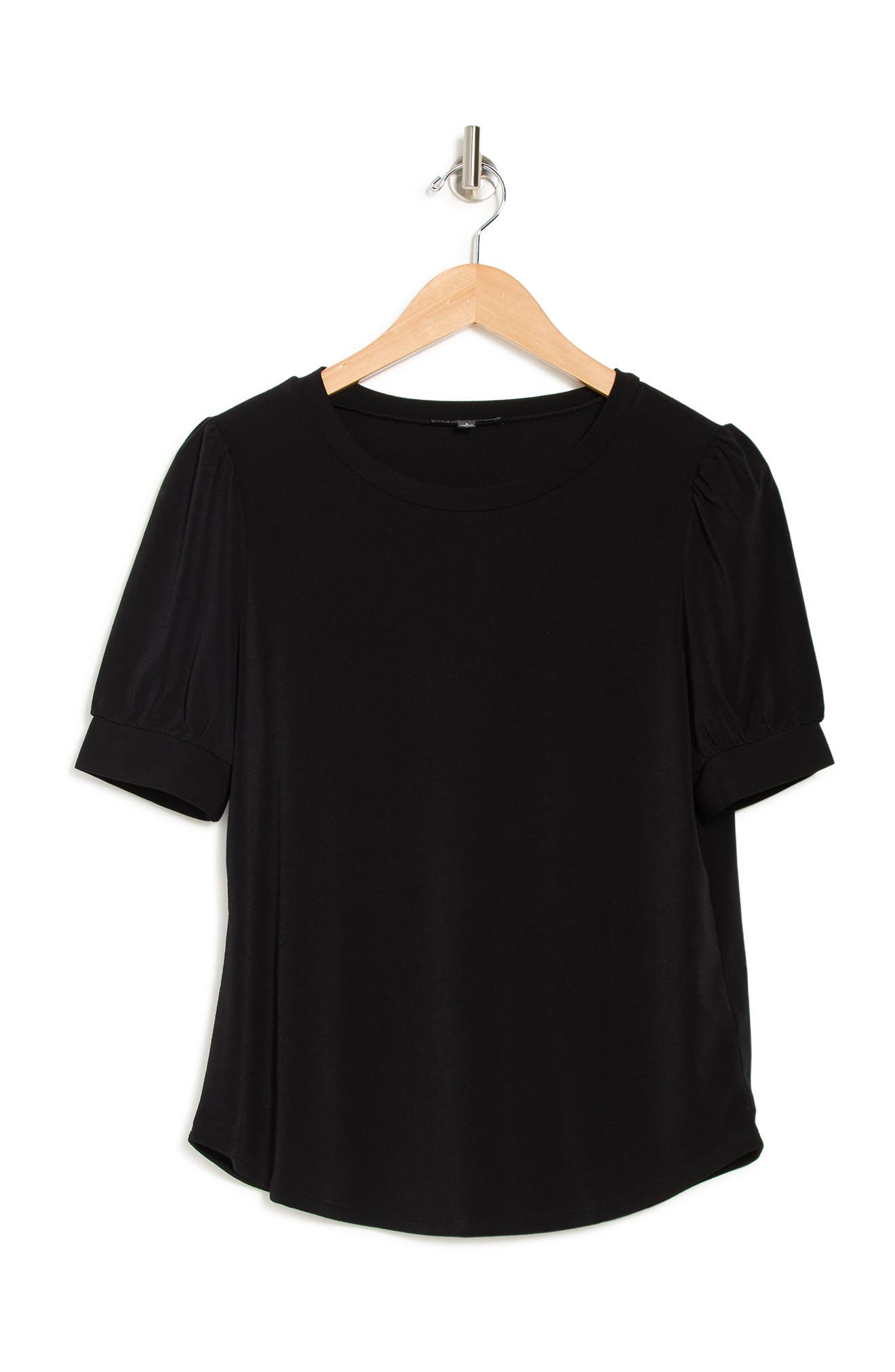 Adrianna Papell Solid Crew Neck Puff Sleeve Top In Black
