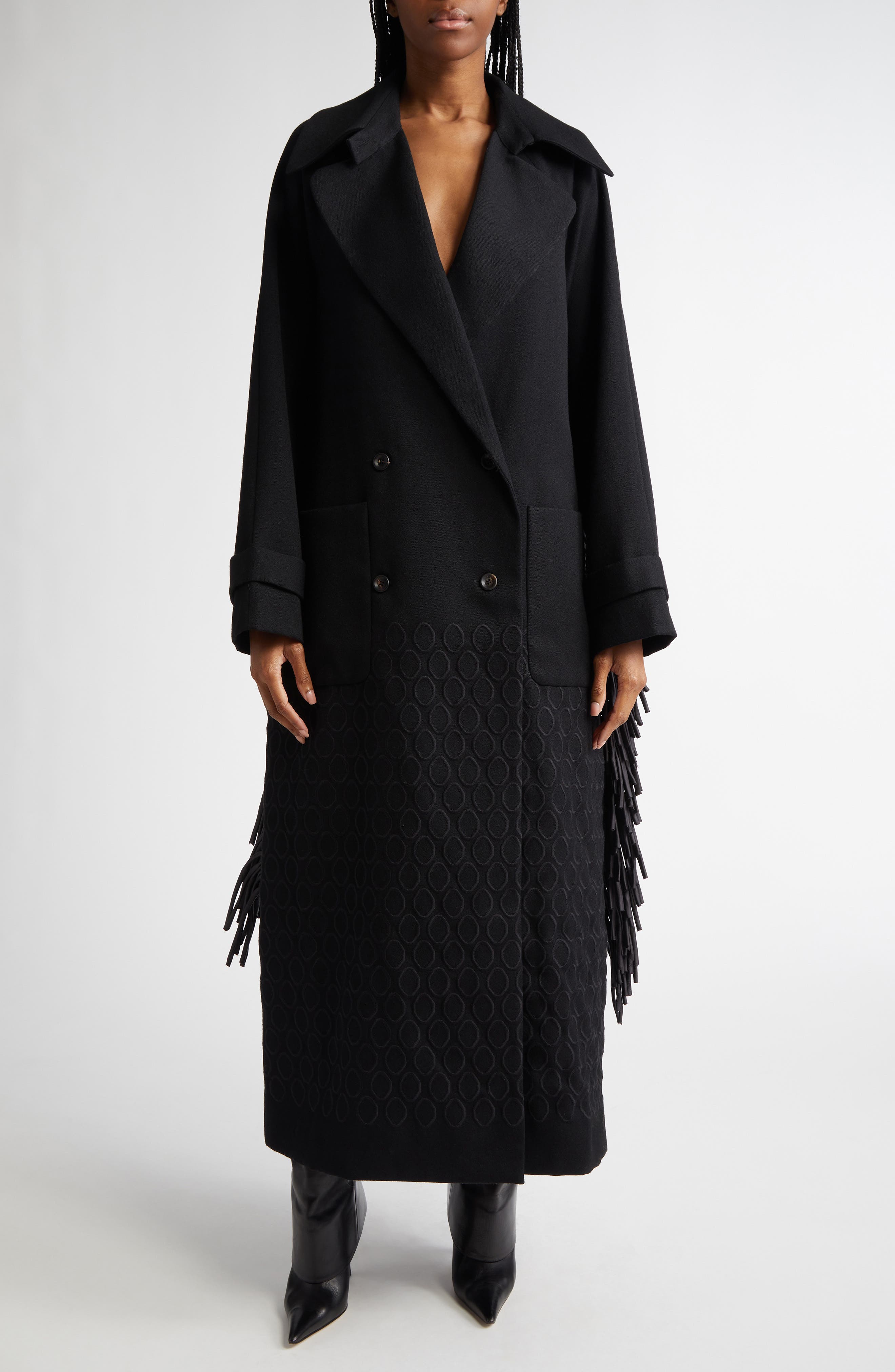 Diotima Fringe Trim Wool Walker Coat in Black 