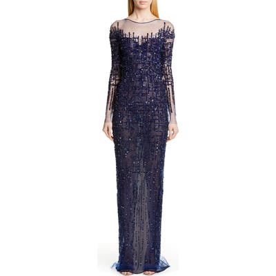 Pamella Roland Long Sleeve Sequin Column Gown