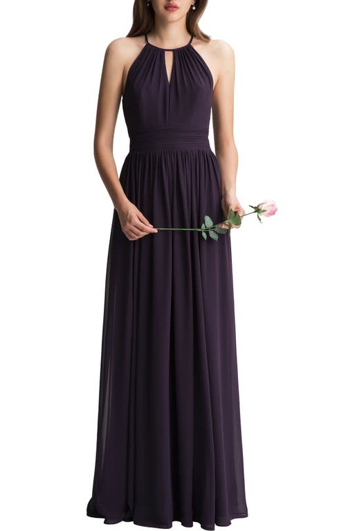 #Levkoff Keyhole Neck Chiffon A-Line Gown in Plum