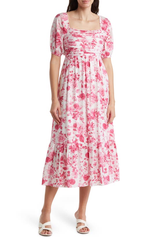 August Sky Floral Print Pleated Midi Dress In Pink Multi