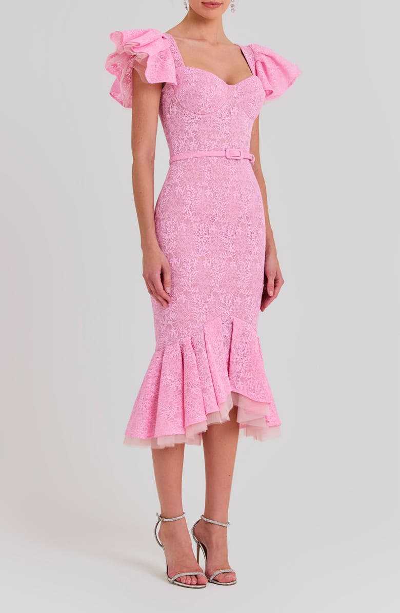 NADINE MERABI Mindy Belted Ruffle Lace Midi Dress | Nordstrom