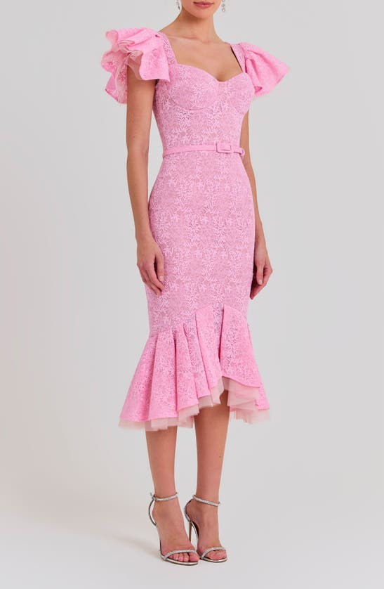 Shop Nadine Merabi Mindy Belted Ruffle Lace Midi Dress In Light/pastel Pink