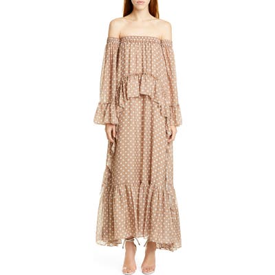 Amur Odessa Off The Shoulder Polka Dot Silk Maxi Dress, Brown