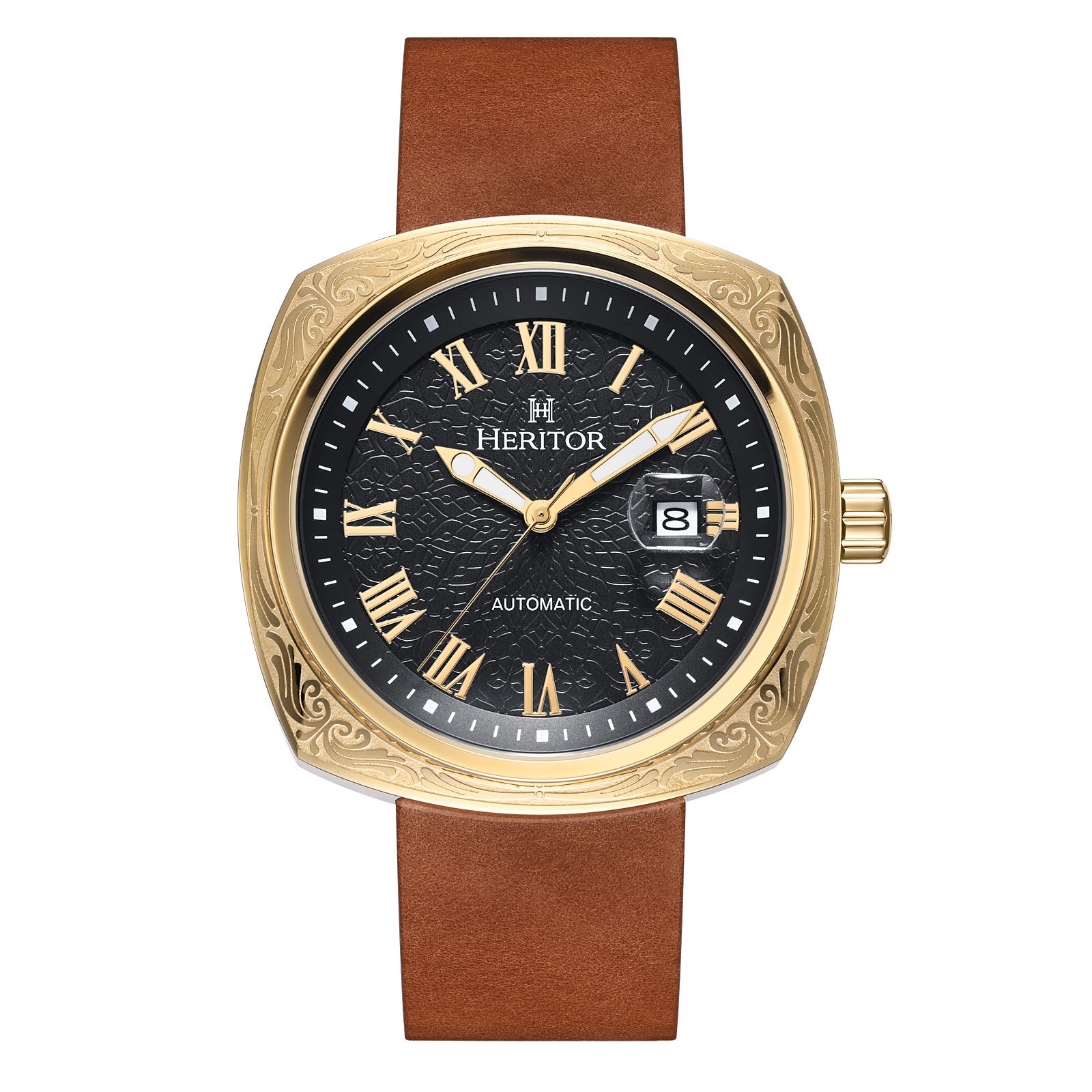 Heritor Automatic Davenport Engraved-Case Leather-Band Watch w/ Date in Gold/brown Cover