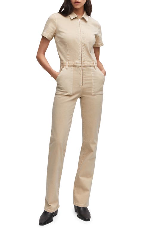 MANGO Short Sleeve Denim Jumpsuit Sand at Nordstrom,