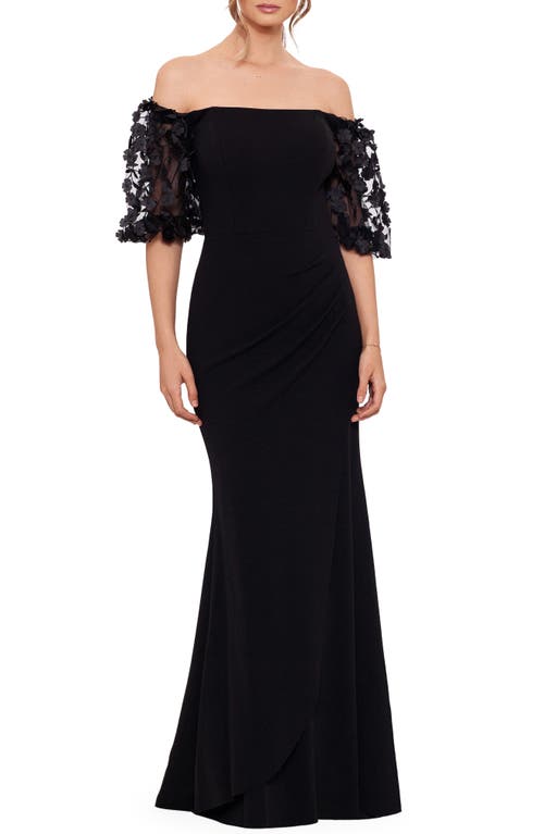 Xscape Evenings Off The Shoulder Floral Appliqué Trumpet Gown In Black