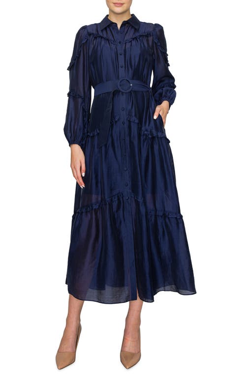 Ruffle Belted Long Sleeve Maxi Shirtdress in Midnight Blue