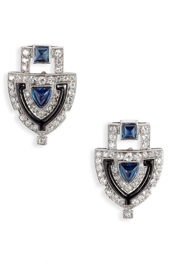 Mindi Mond Reconceived Art Deco Diamond & Sapphire Stud Earrings In Platinum