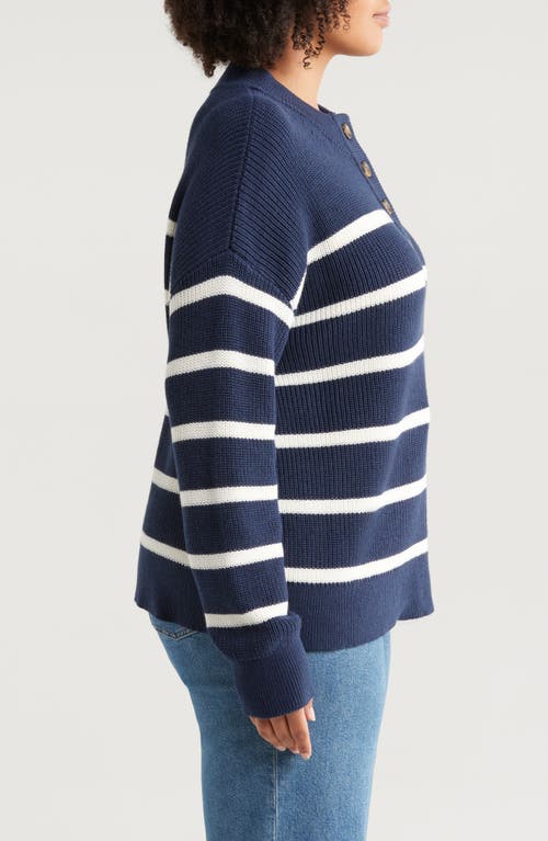 Shop Caslonr Caslon(r) Half Button Pima Cotton Blend Sweater In Navy- Ivory Renee Stripe