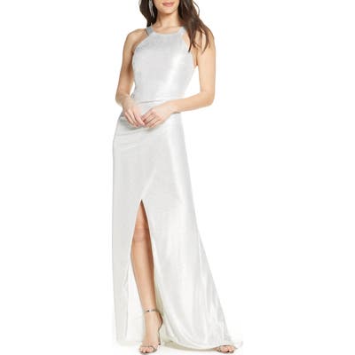 Sequin Hearts Metallic Halter Neck Gown, Ivory