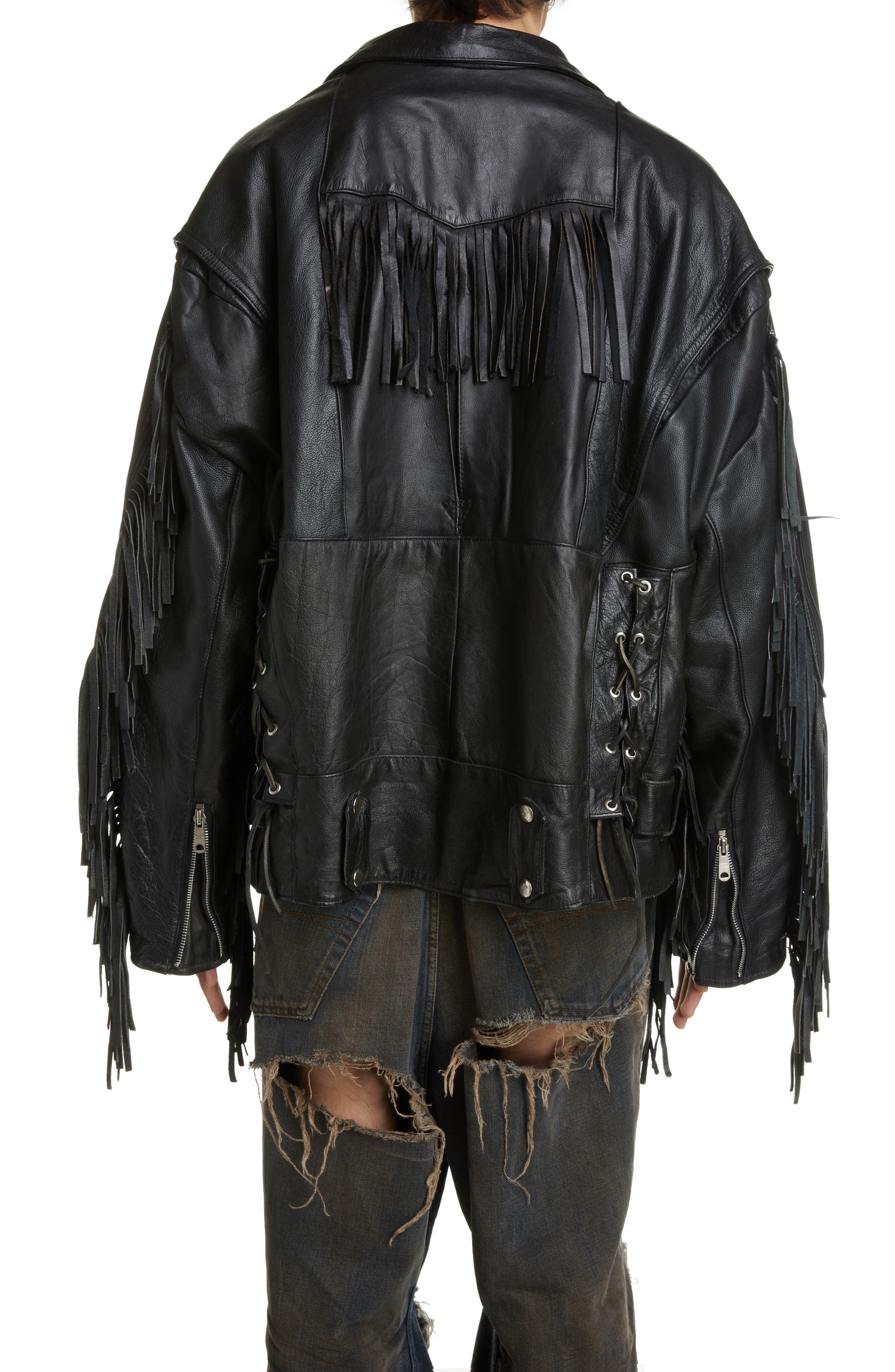 leather biker jacket with tassels