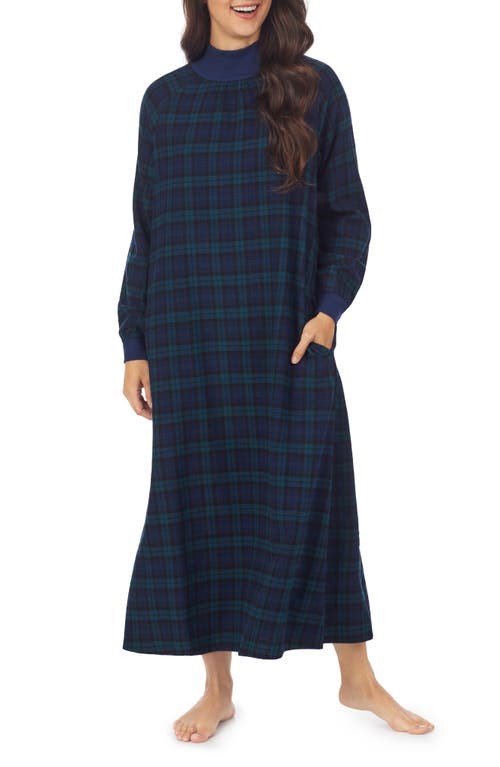 Lanz of Salzburg Mock Neck Long Sleeve Flannel Nightgown in Dark Blue Plaid