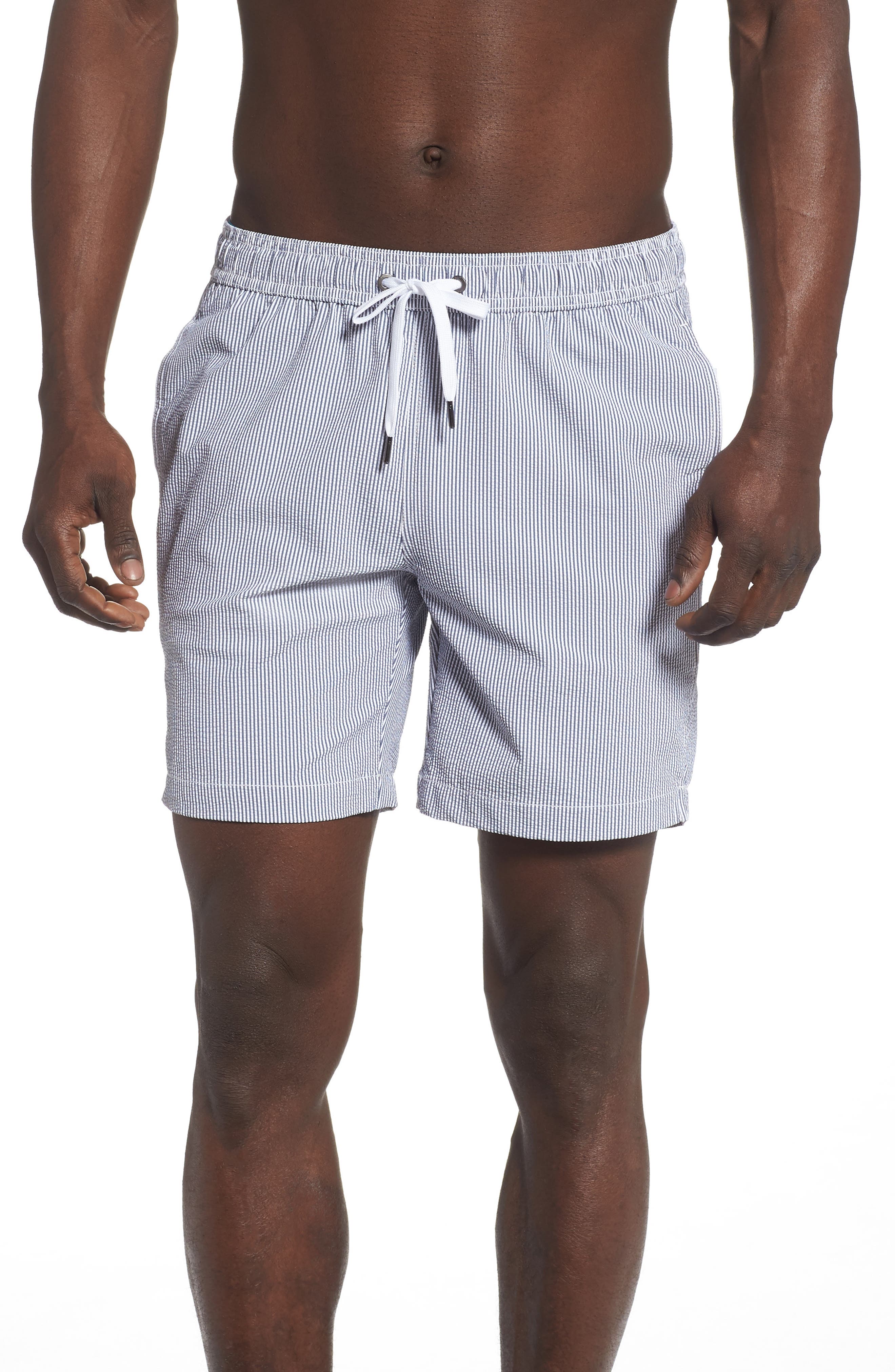 Onia Charles Micro Stripe Swim Trunks, Blue