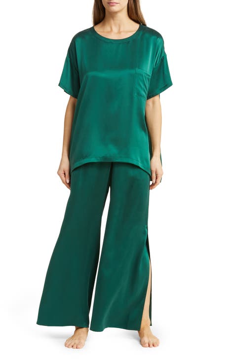 ASOS Design Tall Satin Shirt & Pants Pajama Set with Contrast Piping in Emerald Green