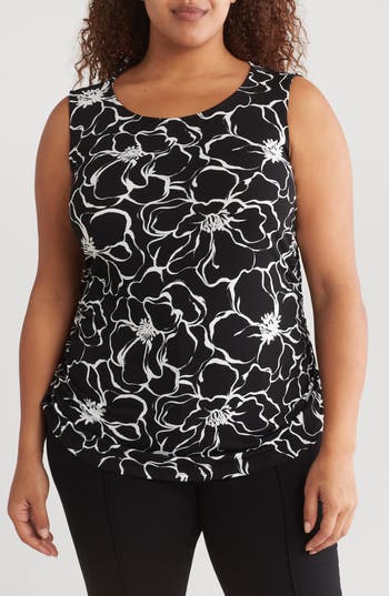 Adrianna Papell Floral Stretch Jersey Tank In Black