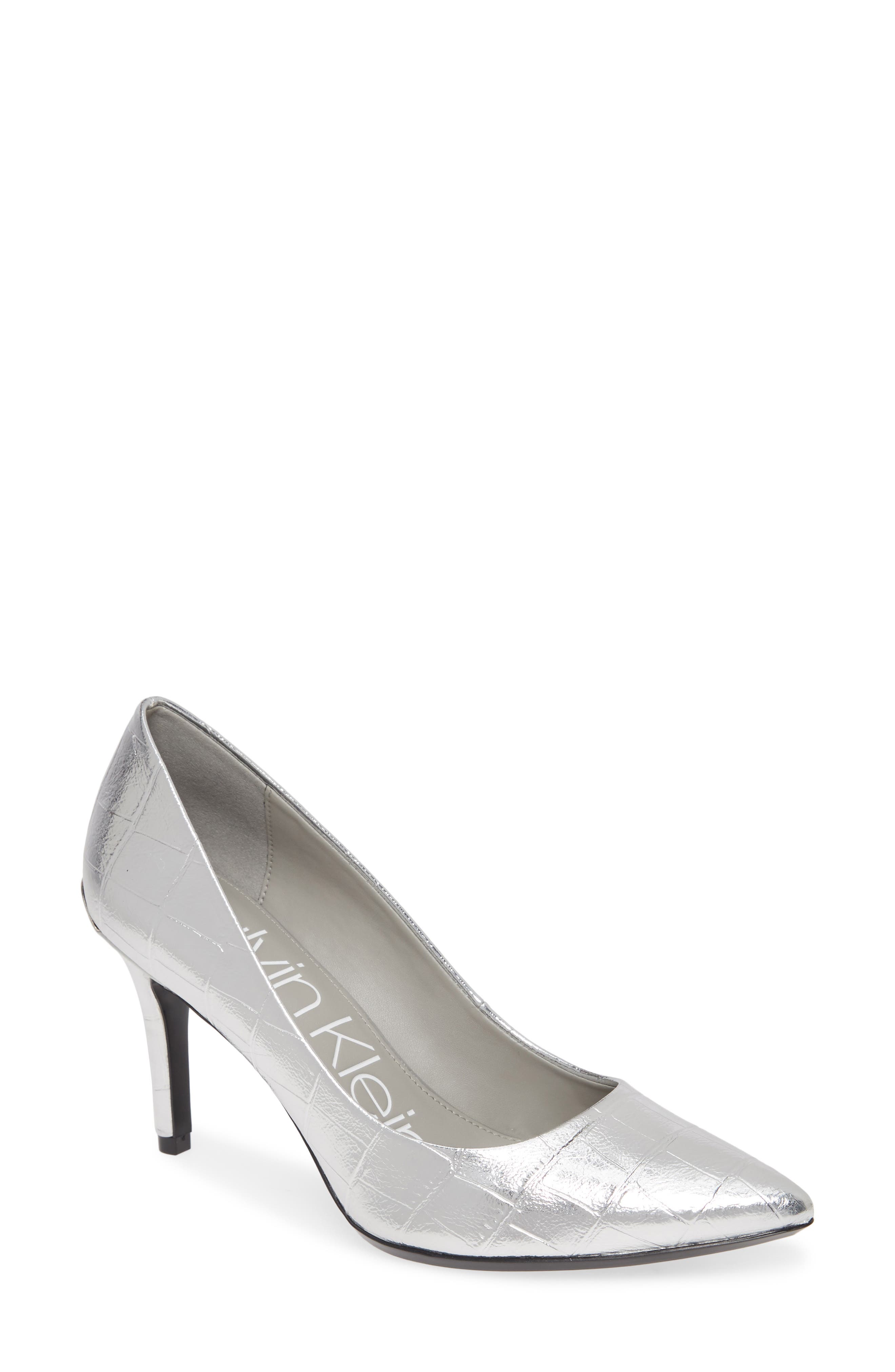 Calvin Klein Gayle Pointed Toe Pump In Silver Croco Embossed Leather
