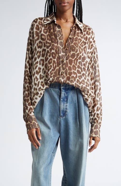 Shop Zimmermann Illustration Leopard Print Linen & Silk Button-up Shirt In Chocolate Leopard