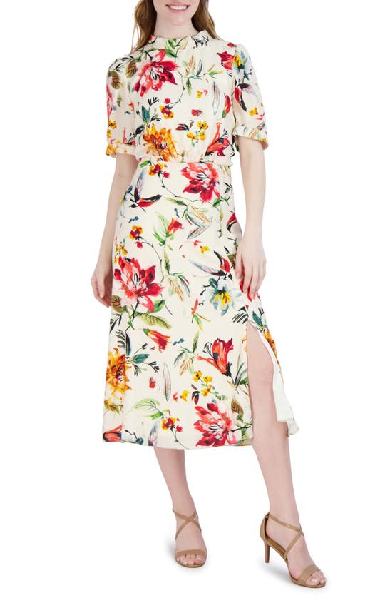 Shop Julia Jordan Floral Mock Neck Midi Dress In Ivory/multi