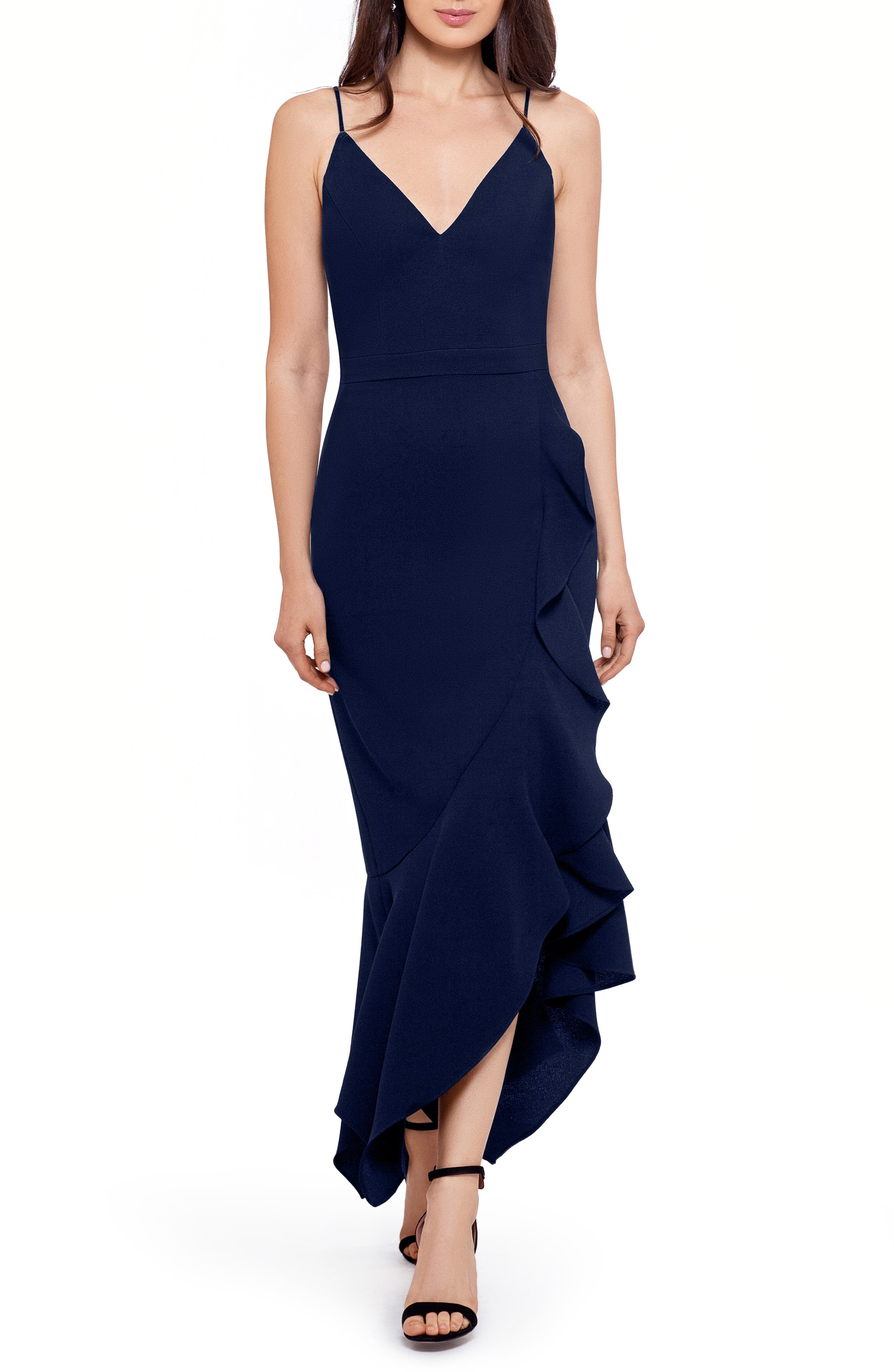 xscape tulip hem sleeveless crepe gown