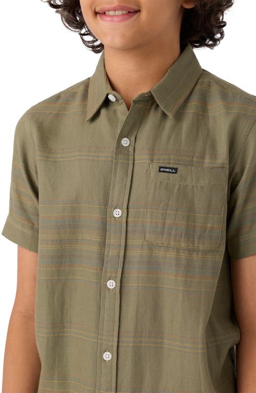 Shop O'neill Kids' Seafaring Stripe Short Sleeve Organic Cotton Button-up Shirt In Deep Lichen Green