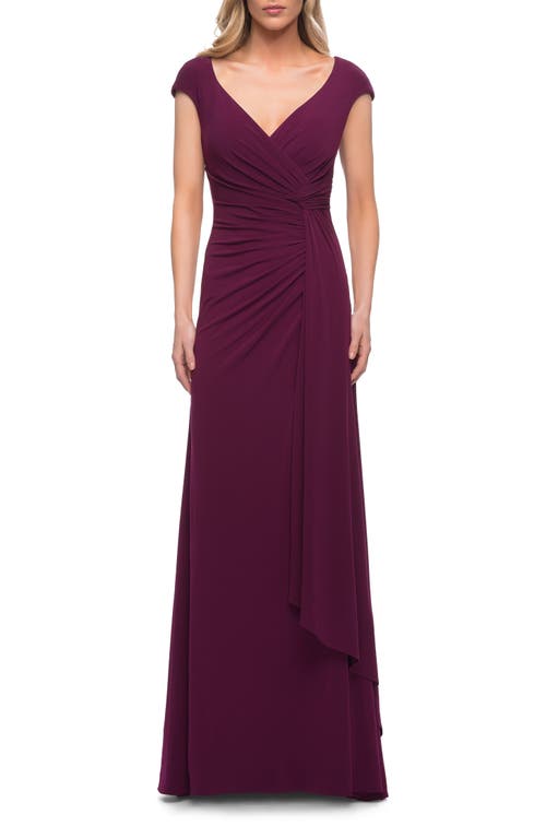 La Femme Jersey Dress With Knot At Waist And Short Sleeves In Dark Berry