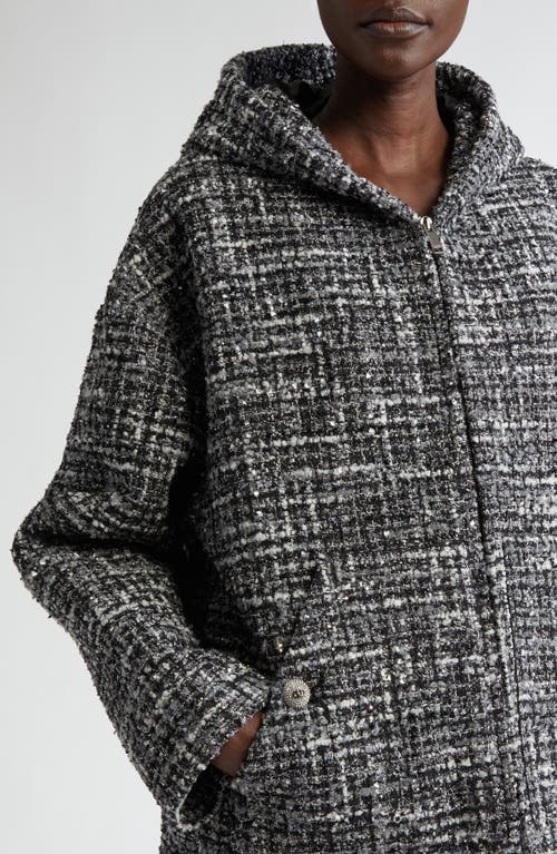 Shop Valentino Garavani Metallic Tweed Full Zip Hoodie In Nero/grigio Medio/bianco