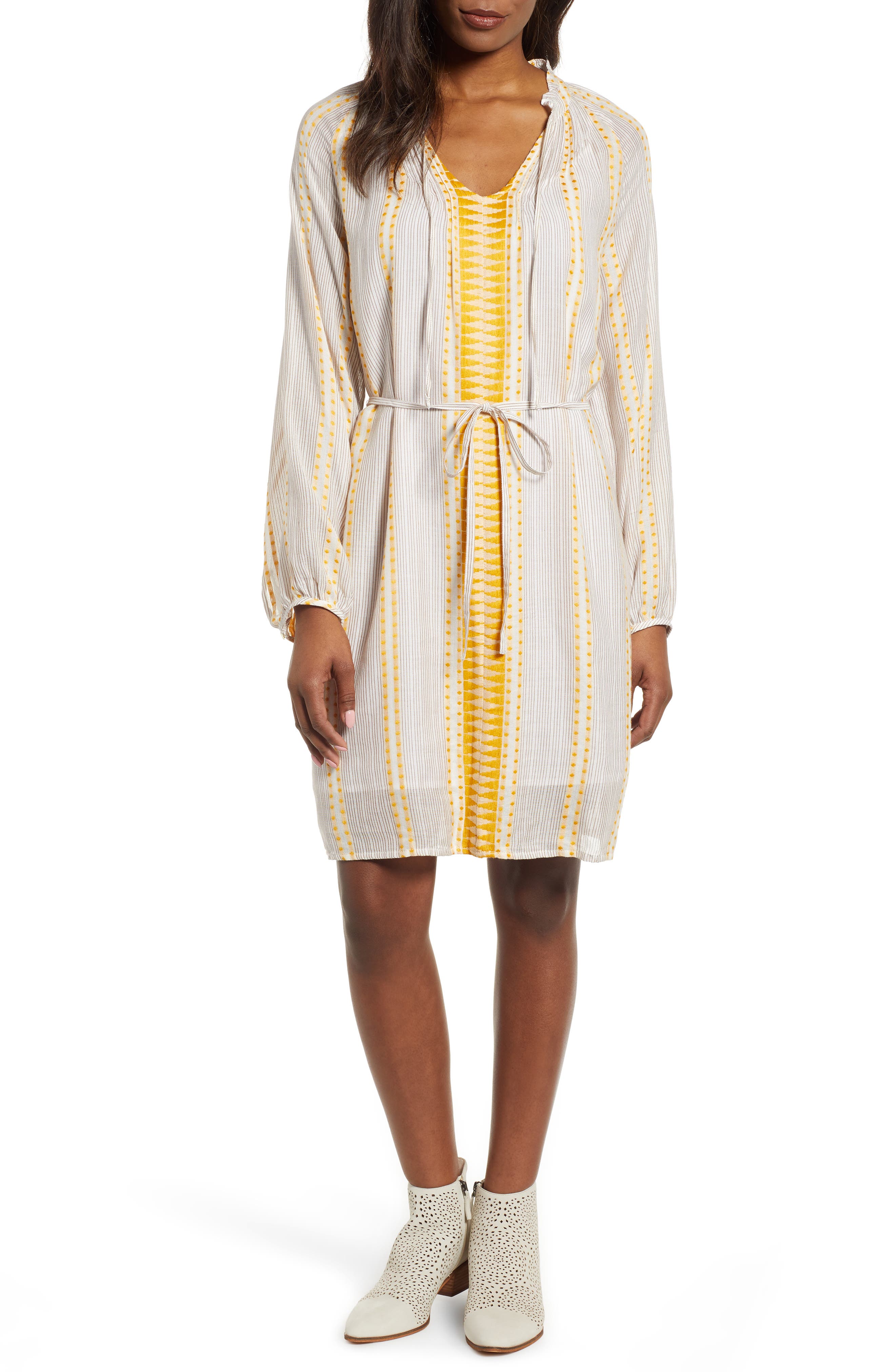 Lucky Brand Embroidery Detail Long Sleeve Cotton Blend Peasant Dress, Yellow
