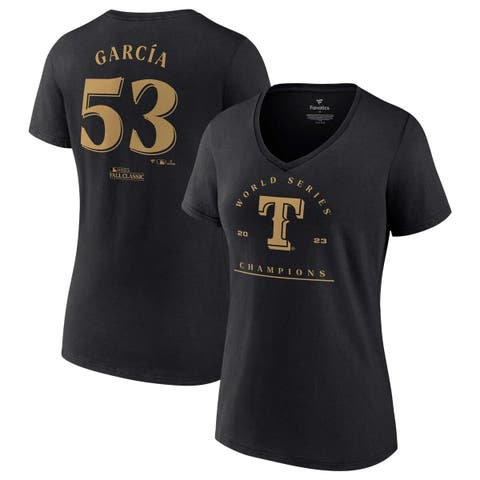 Women's Fanatics Branded Adolis Garcia Black Texas Rangers 2023 World Series Champions Plus Size Name & Number V-Neck T-Shirt
