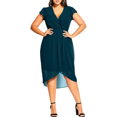 Plus Size City Chic Wrap Front Short Sleeve Chiffon Dress, Green
