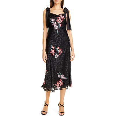 Rebecca Taylor Noha Floral Print Tie Shoulder Midi Dress, Black