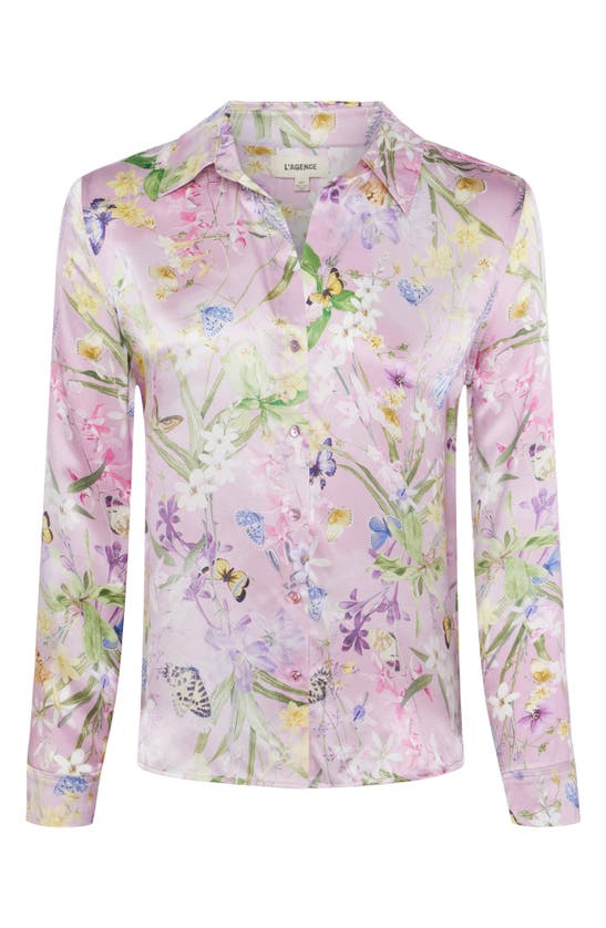 Shop L Agence Tyler Floral Silk Button-up Shirt In Lilac Botanical Butterfly