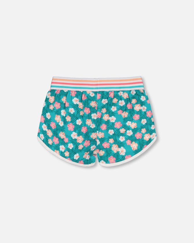 Shop Deux Par Deux Little Girl's Striped Waist Viscose Short Turquoise Printed In Printed Small Ibiscus