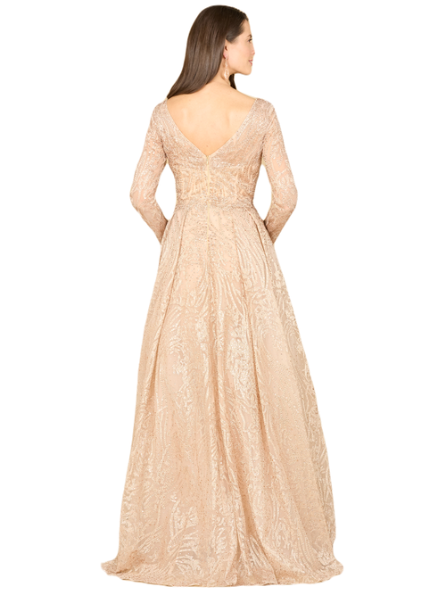 Lara New York Long Sleeve, A-line Gown With A V-neckline In Champagne