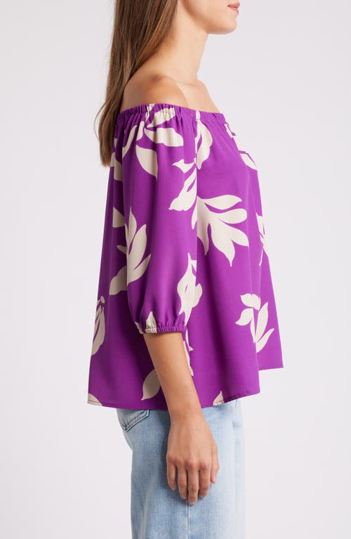 Loveappella Floral Print Off The Shoulder Top In Violet Natural