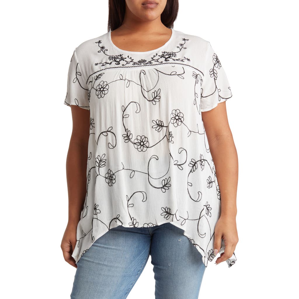 Shop Forgotten Grace Floral Embroidered Sharkbite Tunic Blouse In White/black
