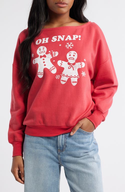 Vinyl Icons Oh Snap Holiday Off the Shoulder Graphic Fleece Sweatshirt in Red 