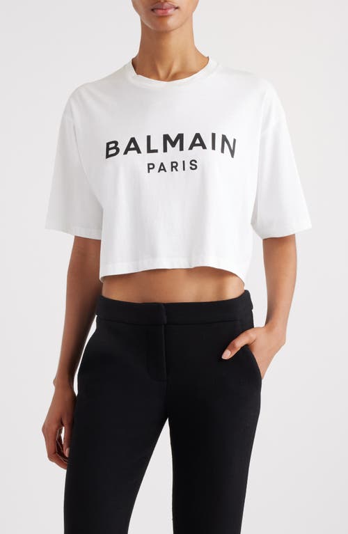 Shop Balmain Logo Crop Cotton Graphic T-shirt In Gab White/black