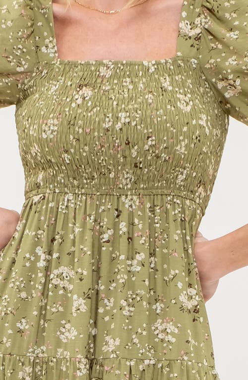August Sky Ditsy Floral Short Sleeve Tiered Midi Dress In Olive Multi