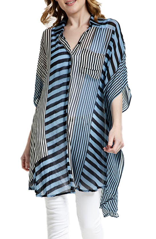Saachi Sheer Oversize Stripe Cover Up Shirt In Black Blue Comb