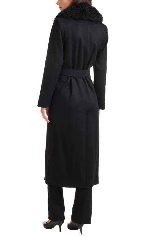 Shop Sofia Cashmere Genuine Shearling Collar Tie Waist Wool & Cashmere Coat In Black