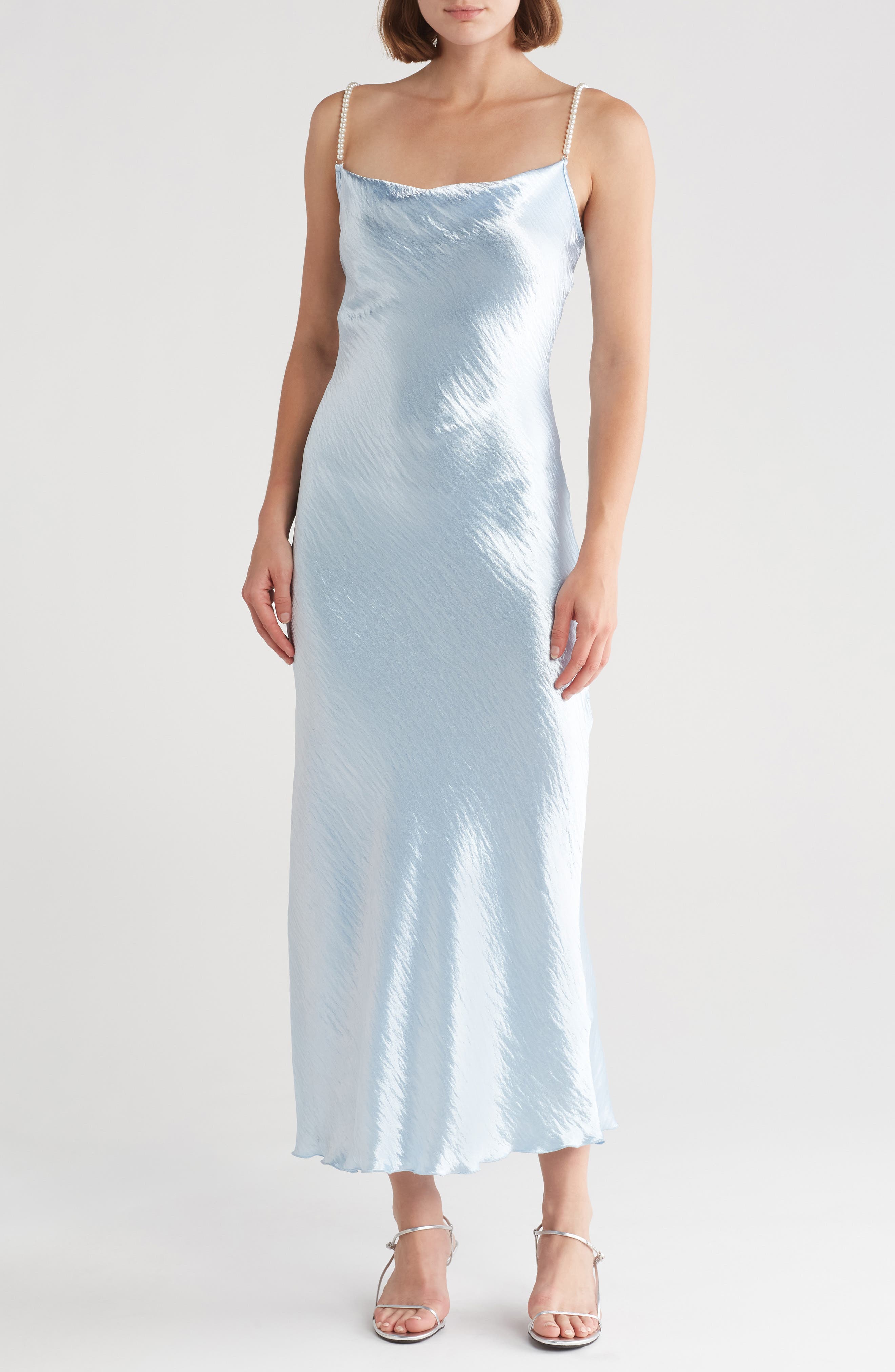 bebe Imitation Pearl Strap Hammered Satin Maxi Slipdress | Nordstromrack