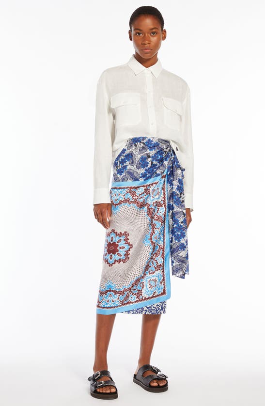 Shop Max Mara Nuevo Floral Print Silk Wrap Skirt In Cornflower Blue
