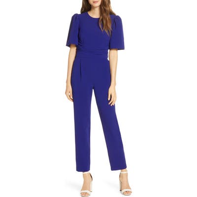 Petite Eliza J Waist Tie Balloon Sleeve Crepe Jumpsuit, Blue