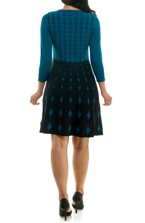 Shop Nina Leonard Two-tone Fit & Flare Sweater Dress In Teal/black