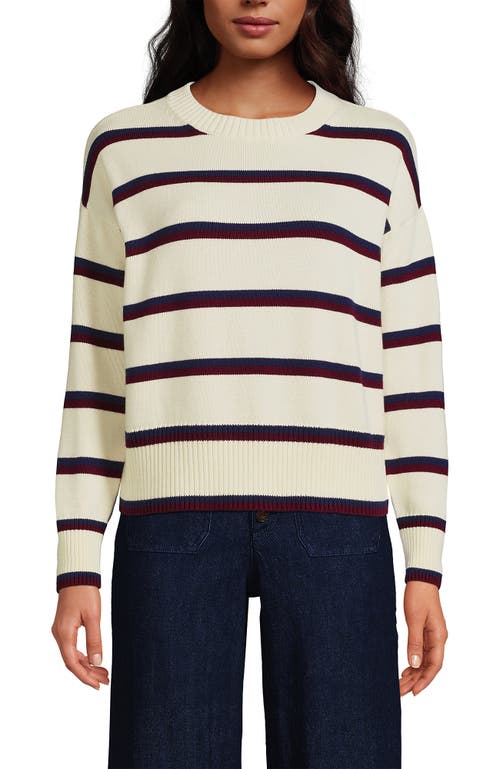 Shop Lands' End Cotton Easy Fit Crew Neck Sweater In Fresh Ivory Wide Stripe