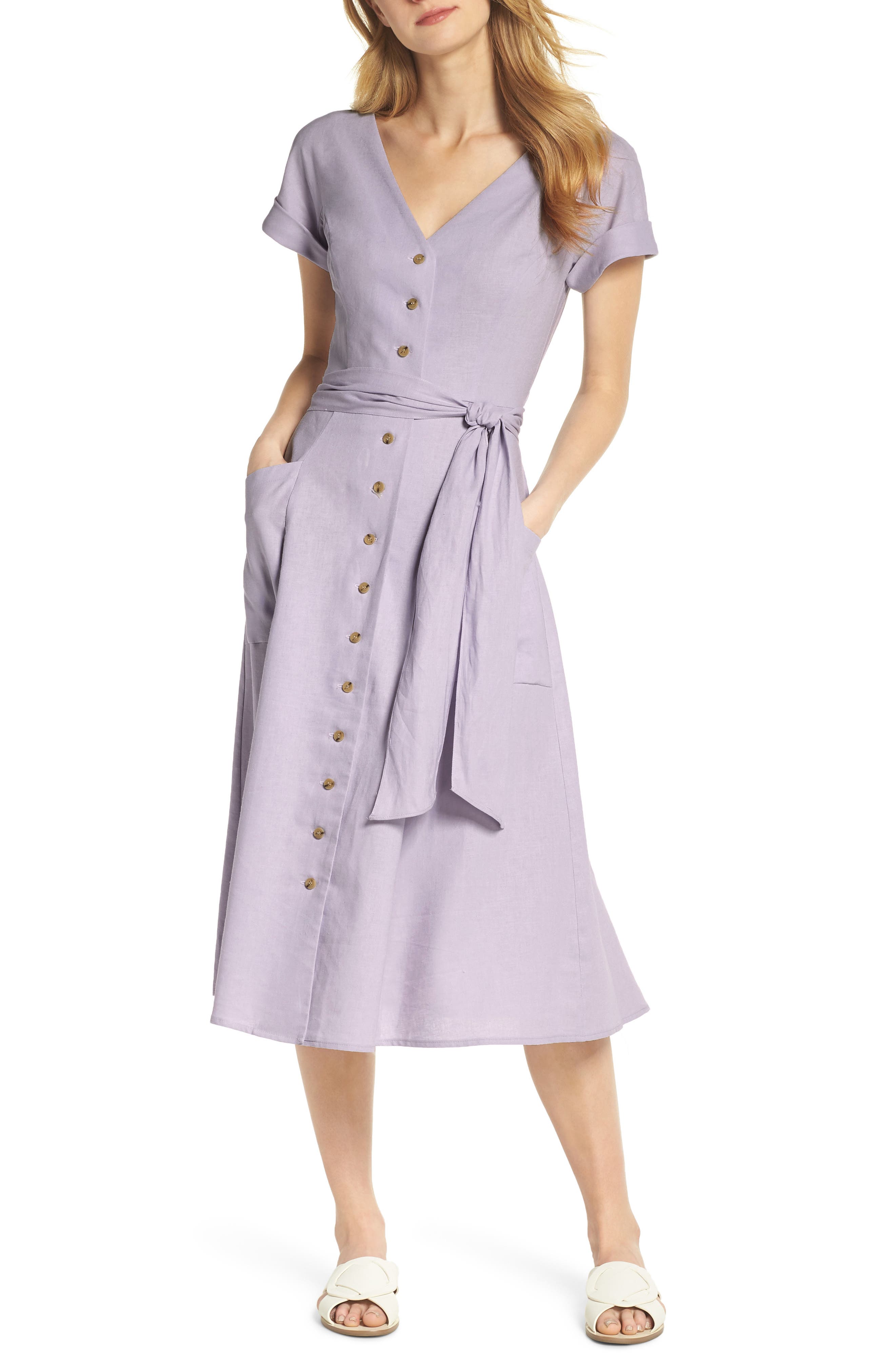 Gal Meets Glam Collection Vanessa Button Front Linen Blend Midi Dress, Purple