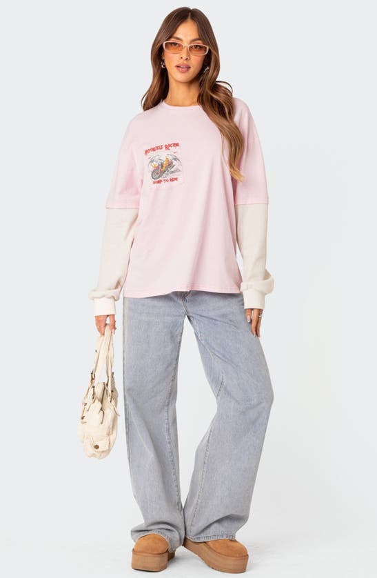 Shop Edikted Racing Oversize Mixed Media Long Sleeve Cotton Graphic T-shirt In Light-pink